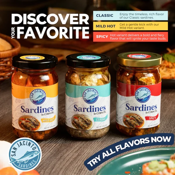 San Jacinto Sardines Classic ,Mild Hot , Spicy Bundle 220g Pack of 3 Premium Corn Oil Sardines